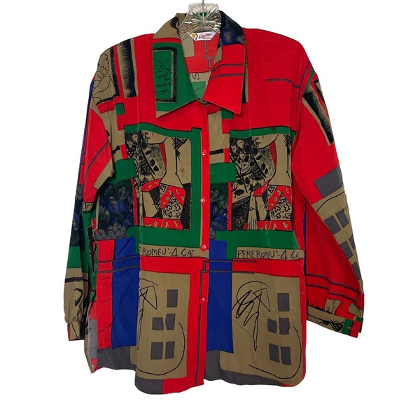VTG Kae Mei Abstract Art to Wear Blouse Long Sleeve Size L Weird Girl Maximalism - Picture 1 of 10